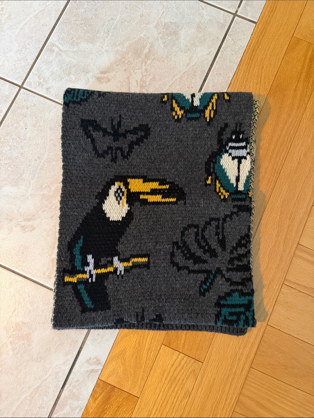 J.Crew Gray Toucan Pattern Bird Reversible Scarf